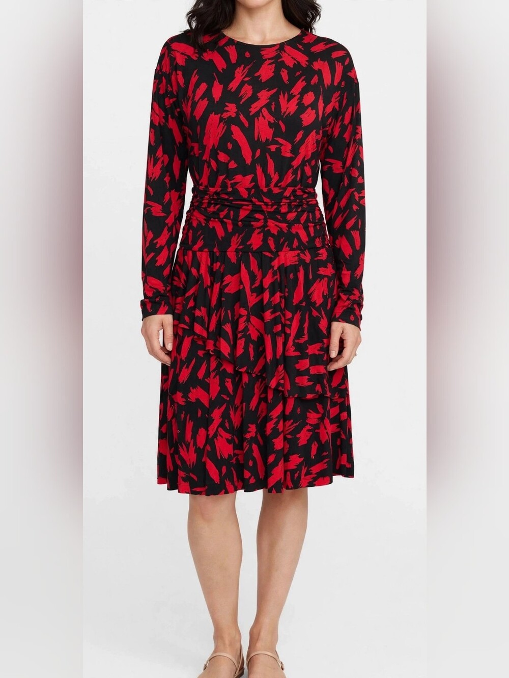 Zara Red and Black Long Sleeve Printed Midi Dress